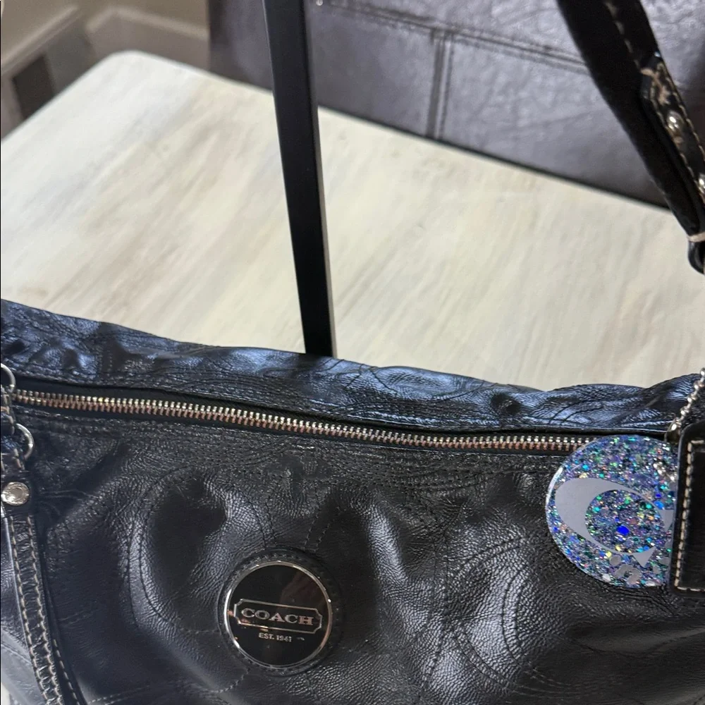 Coach Black Signature Stripe Stitched Leather Hobo Bag with Silver Accents